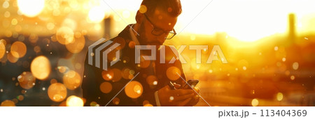 Young man using smartphone on the street, modern gadgets, banner Young man using smartphone on the street, modern gadgets, banner 113404369