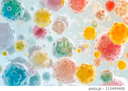 Colorful multicolored enzymes on a white background, enzymes to speed up a chemical reaction 113404400