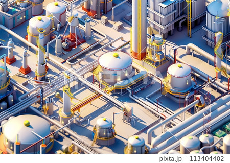Oil and gas refinery with oil storage tanks and petrochemical plant infrastructure, illustration 113404402