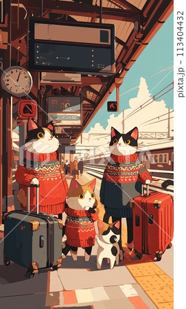 Illustration of Cute kind funny cats in winter clothes and hats at the railway station with suitcases, illustration for a children's book Illustration of Cute kind funny cats in winter clothes and hats at the railway station with suitcases, illustration for a children's book 113404432