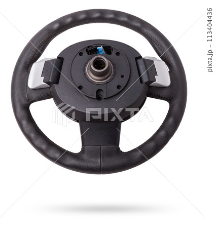 Steering wheel for car and truck isolated on white background. Automobile vehicle part or equipment. Round modern style consist of black leather and aluminum. For driver to driving control and tuning. 113404436