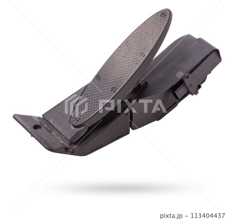 Gas pedal on a white isolated background in a photo studio for sale in a car service. Black auto part for replacement during repair in the workshop. Spare part junkyard. Gas pedal on a white isolated background in a photo studio for sale in a car service. Black auto part for replacement during repair in the workshop. Spare part junkyard. 113404437