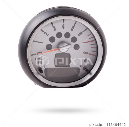 The dashboard of the car with red arrows with a speedometer, tachometer and other tools to monitor the condition of the vehicle in modern style on white isolated background 113404442