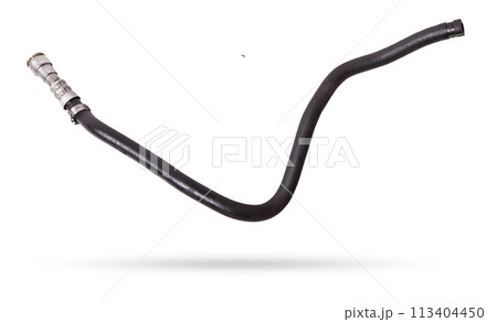 Black plastic hose of the car engine cooling system on a white isolated background in a photo studio for replacement during repair or for a catalog of spare parts for sale on auto disassembly. Black plastic hose of the car engine cooling system on a white isolated background in a photo studio for replacement during repair or for a catalog of spare parts for sale on auto disassembly. 113404450