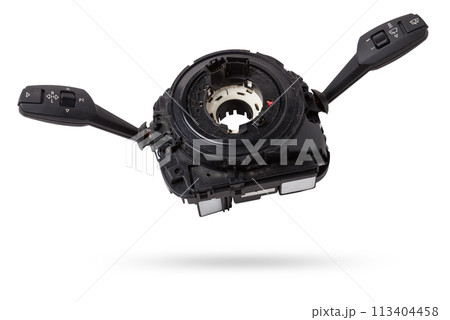Steering wheel switches for windshield wipers and turn signals with steering angle sensor disassembled on a white isolated background, spare part for car repair or for sale at junk yard. Steering wheel switches for windshield wipers and turn signals with steering angle sensor disassembled on a white isolated background, spare part for car repair or for sale at junk yard. 113404458