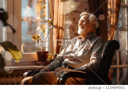 Smiling mature man sitting on chair in living room, relaxing, dreaming, happy older senior 113404561