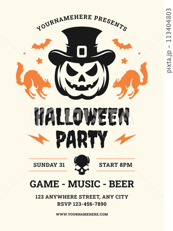 Halloween music night party flyer design template retro promo poster vector flat illustration Halloween music night party flyer design template retro promo poster vector flat illustration 113404803