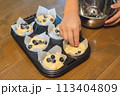 庭で採れたフレッシュなブルーベーリーでブルーベリーマフィンを手作り 113404809