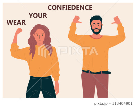 Confident people. Successful man and woman. Happy business workers with self-affirmative gestures. Confidence and healthy self-esteem. Optimistic persons. Vector motivational banner Confident people. Successful man and woman. Happy business workers with self-affirmative gestures. Confidence and healthy self-esteem. Optimistic persons. Vector motivational banner 113404901