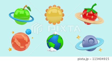 Game planets. Space alien stars from fantasy galaxy or UFO world. Funny magic universe. Mars and Earth satellite. Cosmic strawberry and apple. Sun render icon. Vector cartoon elements set Game planets. Space alien stars from fantasy galaxy or UFO world. Funny magic universe. Mars and Earth satellite. Cosmic strawberry and apple. Sun render icon. Vector cartoon elements set 113404915
