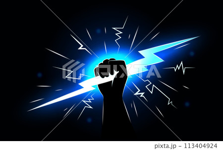 Power lights. Thunder bolt in super Zeus hand, energy man hold blue glowing thunderbolt, electrician god or hero. Zigzag victory and leader symbol. Vector strength logo, isolated illustration 113404924