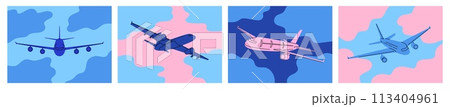 Airplanes. Travel plane in cloud sky, trendy air aeroplane, modern safety transport fly or flight, wing silhouette, journey and trip. Cards and posters. Contemporary style vector isolated set 113404961
