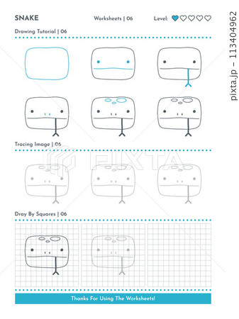 How to Draw Doodle Snake, Cartoon Character Step by Step Drawing Tutorial. Activity Worksheets For Kids 113404962