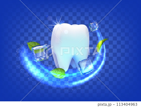 Clean tooth. Fresh ice and mint leaves, white smile mouth, cold breath, dental protect brush as nature care. Professional teeth whitening enamel, oral hygiene clinic. Vector 3d template 113404963