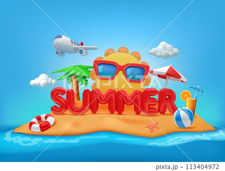 Summer background. 3D sand beach. Sea island. Sun and fun holiday elements. Vacation travel. Blue sky and ocean water waves. Cartoon sun. Tropical cocktail. Vector illustration poster 113404972