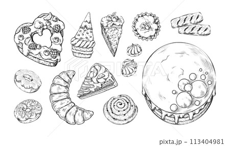 Dessert sketch. Vintage pie cake, croissant marshmallow and donut, apple cheesecake top view for bakery, sweet chocolate or fruit food. Vector hand drawn illustration, cover menu background Dessert sketch. Vintage pie cake, croissant marshmallow and donut, apple cheesecake top view for bakery, sweet chocolate or fruit food. Vector hand drawn illustration, cover menu background 113404981