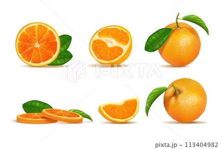 Orange. Whole, half and fruit slices, fresh red citrus food for vitamin juicy smoothie or juice. Mandarin fresh cut pieces and leaves, realistic isolated element. Vector 3d illustration Orange. Whole, half and fruit slices, fresh red citrus food for vitamin juicy smoothie or juice. Mandarin fresh cut pieces and leaves, realistic isolated element. Vector 3d illustration 113404982