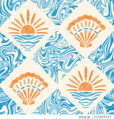Nautical groovy seamless pattern. Watercolor seashells and sunset sun tiles on marble textured background. Summer joyful design for swimwear, home decor, textile. Blue wavy swirls repeat Nautical groovy seamless pattern. Watercolor seashells and sunset sun tiles on marble textured background. Summer joyful design for swimwear, home decor, textile. Blue wavy swirls repeat 113405123