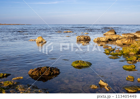 Calm sea at Spiaggia Sibilliana, West Sicily, Italy 113405449
