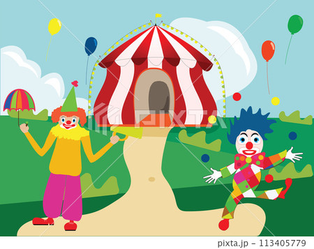 Circus theme landscape with clowns and tent Circus theme landscape with clowns and tent 113405779
