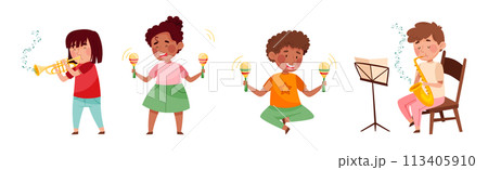 Funny Kid Character Playing Musical Instrument at Music Lesson Vector Set 113405910