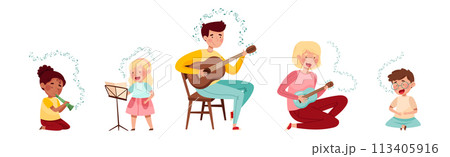 Funny Kid Character Playing Musical Instrument at Music Lesson Vector Set 113405916
