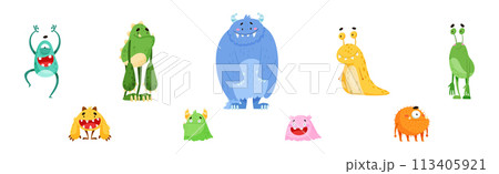 Funny Monster Character as Toothy and Hairy Mutant with Friendly Face Vector Set Funny Monster Character as Toothy and Hairy Mutant with Friendly Face Vector Set 113405921