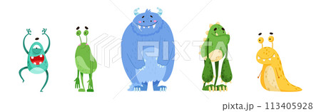 Funny Monster Character as Toothy and Hairy Mutant with Friendly Face Vector Set 113405928