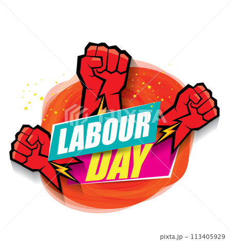 1 may Happy labour day vector label with strong protest fist in the air on vintage red watercolor stricket background. vector happy labor day background or banner with man hand. workers may day poster 113405929