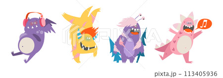 Funny Monster Character as Toothy and Hairy Mutant with Friendly Face Vector Set 113405936