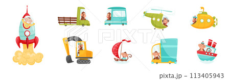 Cute Monkey Driving and Riding Transport Vector Set 113405943