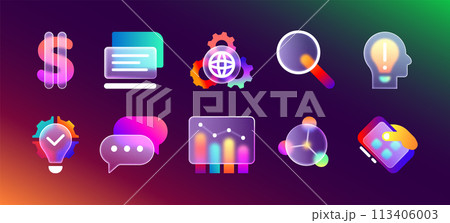 Realistic glass morphism transparent ui icons for mobile app with blurred neon gradient Realistic glass morphism transparent ui icons for mobile app with blurred neon gradient 113406003