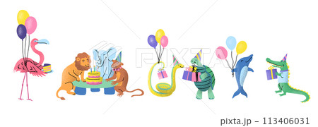 Cartoon Color Characters Funny Animals Birthday Party Concept Flat Design Style for Greeting Card or Invitation. Vector illustration 113406031