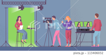 Cartoon Color Characters People and Broadcast Scene Concept Flat Design Style. Vector illustration of Reporter, Cameraman and Assistant in Studio 113406032