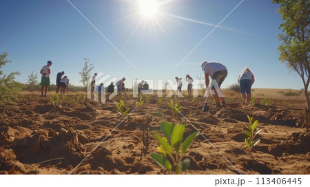 World Day to Combat Desertification and Drought, June 17. Volunteers combat desertification by planting trees in sandy area, sun high 113406445