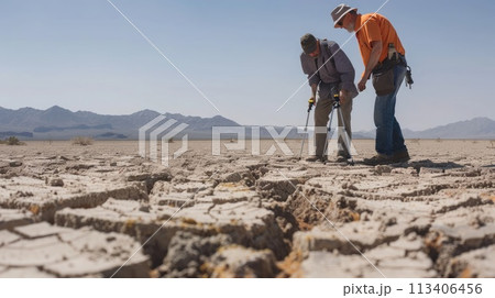 World Day to Combat Desertification and Drought, June 17. Scientific team assesses soil dryness in desert for drought awareness World Day to Combat Desertification and Drought, June 17. Scientific team assesses soil dryness in desert for drought awareness 113406456