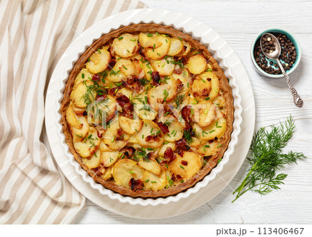 Irish potato pie with bacon in baking dish Irish potato pie with bacon in baking dish 113406467