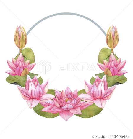 Wreath from Lotus Flowers flowers. Hand drawn watercolor illustration of tropical pink waterlily and green leaves on isolated background Template for wedding floral invitation, card, cosmetic package Wreath from Lotus Flowers flowers. Hand drawn watercolor illustration of tropical pink waterlily and green leaves on isolated background Template for wedding floral invitation, card, cosmetic package 113406475