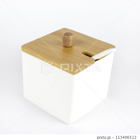 Close-up of a ceramic box for storing salt or sugar. 113406512