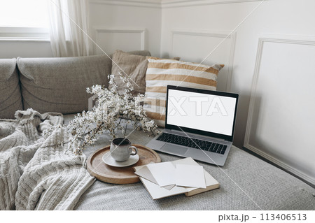 Spring scandinavian living room interior. Sofa with linen yellow striped cushions. Cup of coffee. Cherry plum blossoms in vase. Laptop mockup with blank screen and greeting cards, open book. Home Spring scandinavian living room interior. Sofa with linen yellow striped cushions. Cup of coffee. Cherry plum blossoms in vase. Laptop mockup with blank screen and greeting cards, open book. Home 113406513