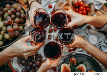People toasting with wine glasses. Best friends celebrating at birthday party. Cheering with red wine. Generative AI 113406582