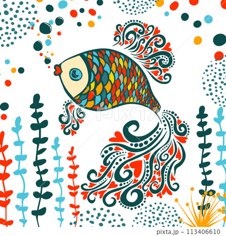 Bright color goldfish poster. Hand drawing. Not AI. Vector illustration 113406610