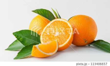 Fresh Oranges Arranged in Pyramid on White Background for Healthy Eating and Food Advertising 113406657