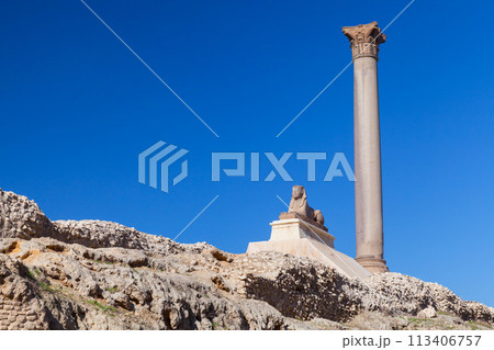Alexandria, Egypt. Ancient sphinx with Pompeys Pillar 113406757