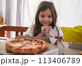 A girl eats pizza, Baby food, Fast food. High quality photo 113406789