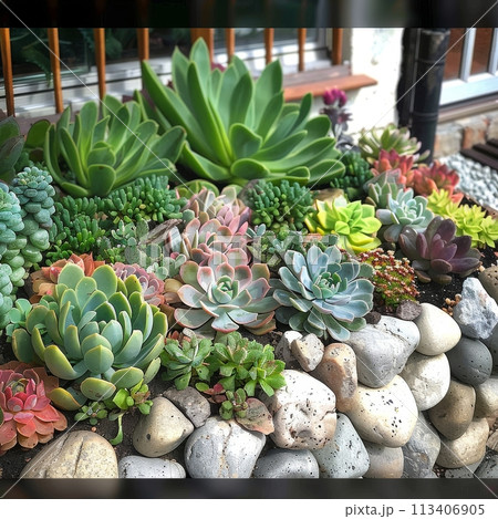Succulent landscape design, beautiful cacti garden decor, green plants arrangement Succulent landscape design, beautiful cacti garden decor, green plants arrangement 113406905