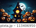 Halloween pumpkins and a dark castle with bats in a mystical forest at night, Halloween background 113406950