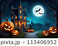 Halloween background with pumpkins, a witch's house and a full moon with bats flying in the background 113406952