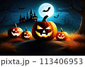 mystical atmosphere of Halloween: pumpkins and a castle house in a dark night with bats against the backdrop of the full moon 113406953