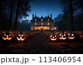 Mysterious castle house with sparkling pumpkins surrounding it during Halloween. Wallpaper, trick or treat 113406954